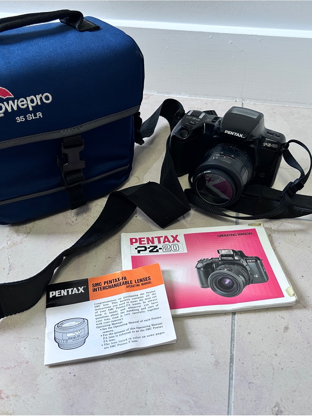 Pentax PZ-20 35mm Film SLR Camera 35-80mm Lens Manuals Lowepro Bag Tested Works